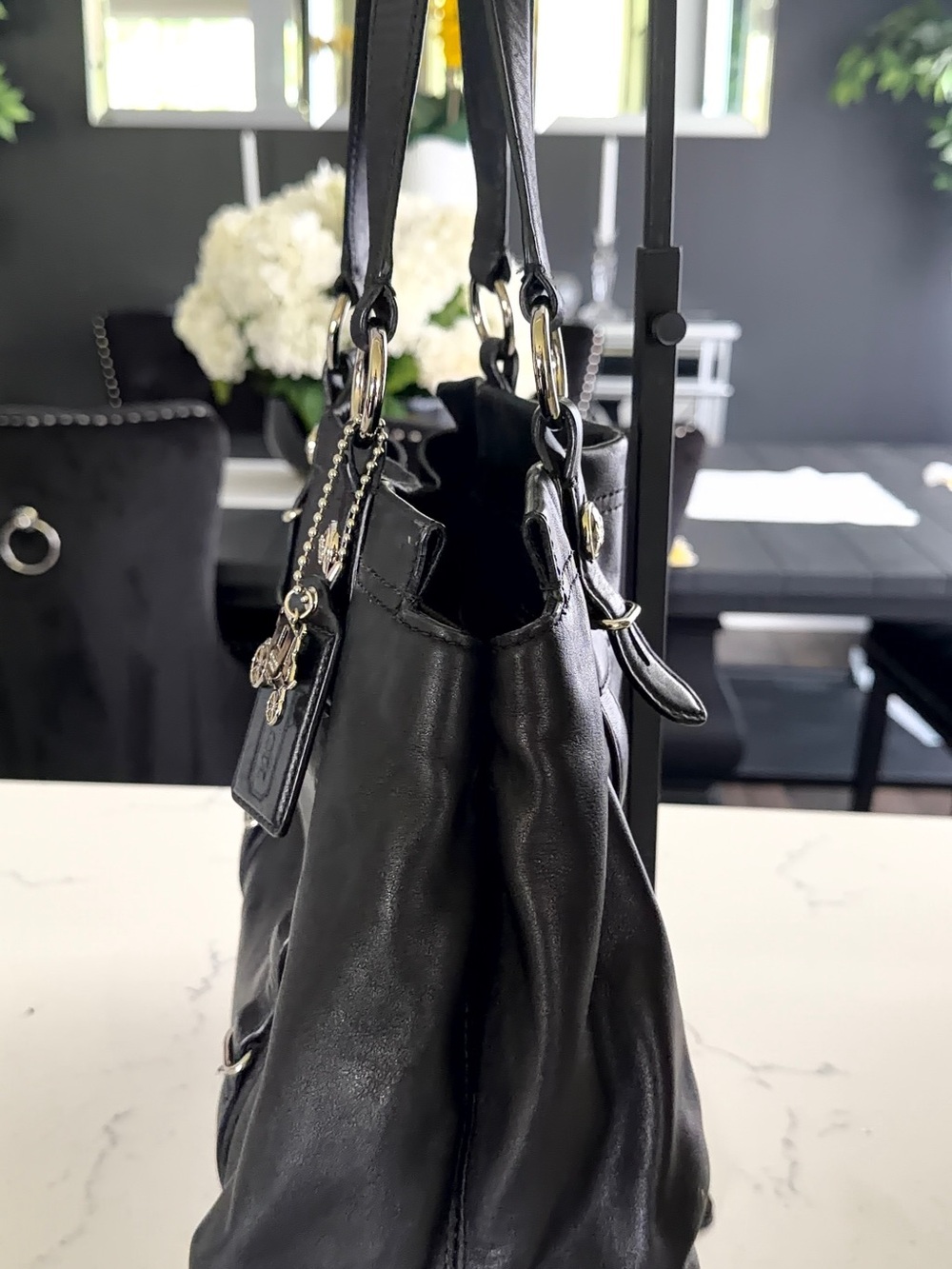 COACH Black Leather Shoulder Tote with Signature Silver Hardware - Picture 3 of 10
